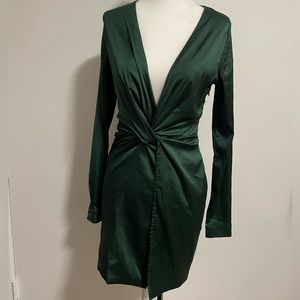 Green long sleeve satin dress